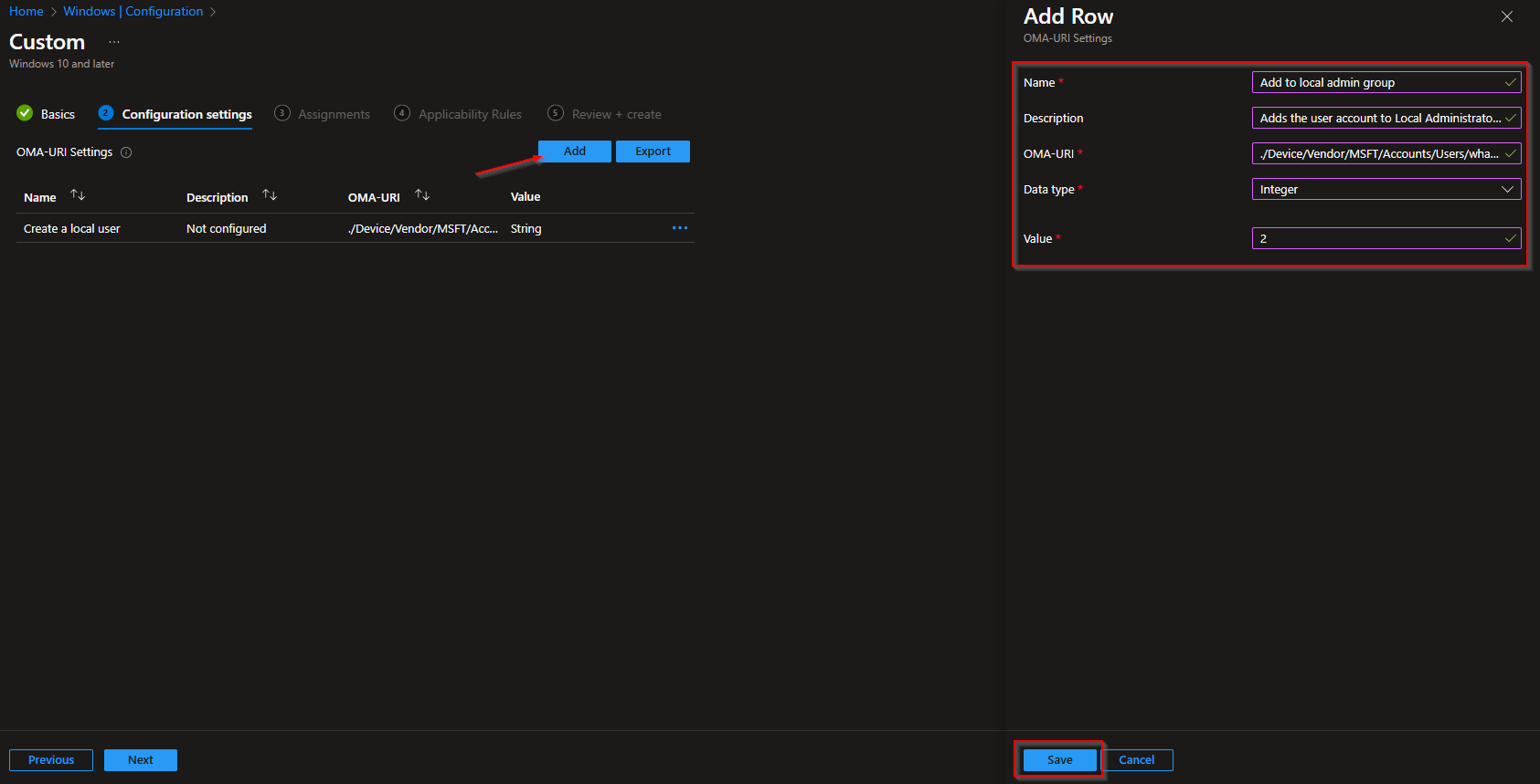 OMA-URI setting to add account to local administrator group